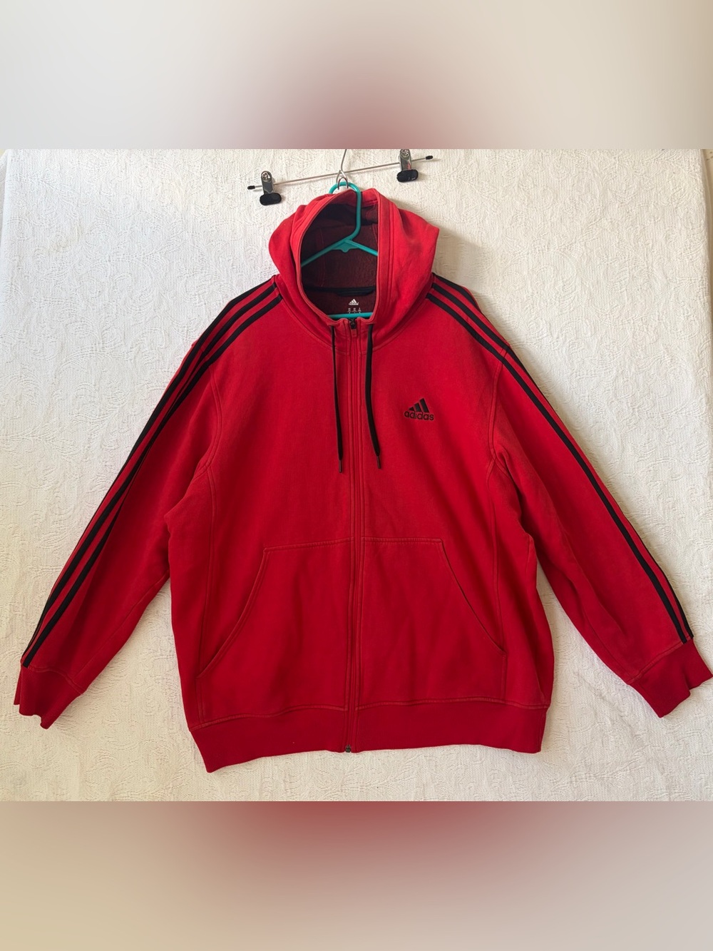 Adidas Striped Full Zip Hooded Sweatshirt Men 2XL Red Embroidered Logo Athletic